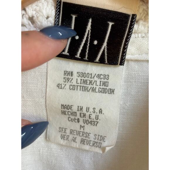 Vintage I.V.Y Button Up Linen Cotton Crochet Collared Long Sleeve Shirt Medium - Picture 5 of 6